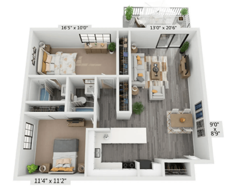 Floor plan for 2 beds, 2 baths, 928 sqft